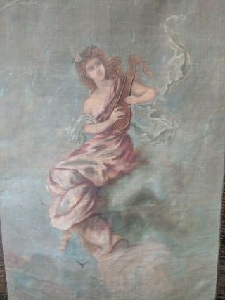 Antique Romantic Hand Painted Tapestry Wall Hanging Goddess Harp Painting
