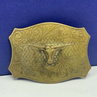 Brass Belt Buckle Bull Steer Texas Cow Hook Horns Usa Western Cowboy Vintage Vtg