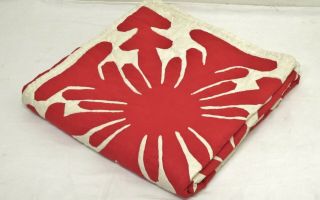 Antique 1930 ' s Handmade Hand Stitched Red Hawaiian Applique Quilt 77x77 2