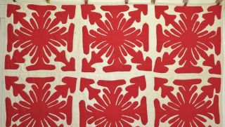 Antique 1930 ' s Handmade Hand Stitched Red Hawaiian Applique Quilt 77x77 3