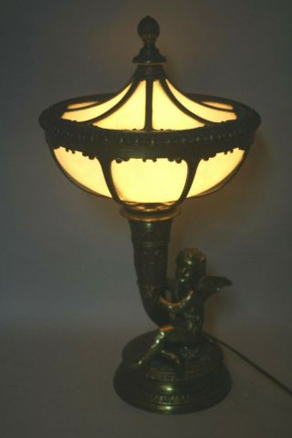 Antique Bronzed Slag Glass Panel Angle Cherub Putti Table Lamp C1920 Perfect Nr