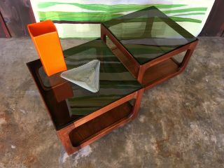 Brown and Saltman Walnut Mid Century Side Tables Glass Top Cube John Keal Design 3