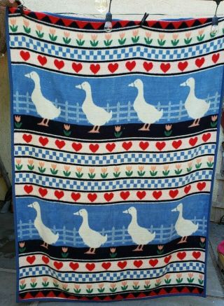 Vtg 1987 Vuteks Vukovar Blanket 60x80 Geese Hearts Tulips Soft Fleece Yugoslavia