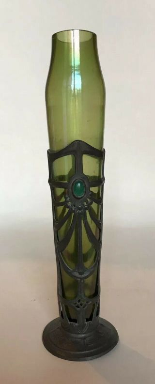 Art Nouveau Jugendstil Pewter & Iridescent Glass Vase With Cabochons (kralik)