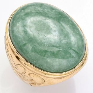Vintage 14k Yellow Gold 34.  93ct Green Jade Large Oval Etched Cocktail Ring 14.  8g