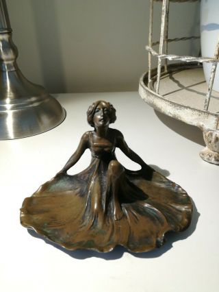 Art Nouveau Bronzed Nymph Girl In A Dress Card Tray Ring Dish Pin