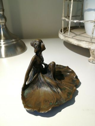 Art Nouveau bronzed Nymph Girl in a dress Card Tray Ring Dish Pin 2