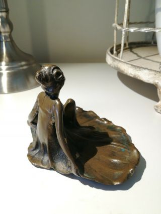 Art Nouveau bronzed Nymph Girl in a dress Card Tray Ring Dish Pin 3