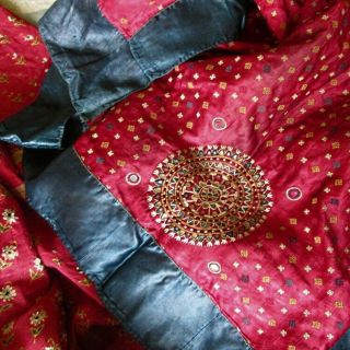 Antique Silk Embroidered Shawl India Finest Embroidery Medallions Red And Indigo