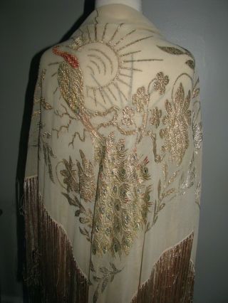 Antique Silk Embroidered Shawl Metallic Peacock Stunning Light Weight