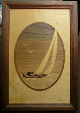 Hudson River Marquetry Wood Inlay Jeff Nelson Signed Wooden Sailboat Framed Art