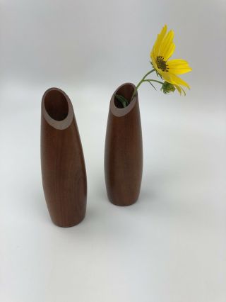 Pair Danish Modern Teak Mid Century Bud Vases Candle Holder Plycraft Eames Knoll