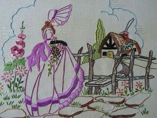 Vintage Hand Embroidered Picture Panel - Charming Crinoline Lady /country Garden