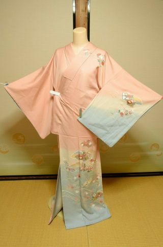 Kimono Tsukesage Silk Women Japanese Vintage Robe Flower 153cm /778