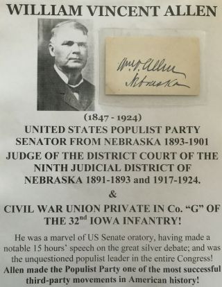 Populist Party Senator Nebraska Judge Civil War Pvt 32nd Iowa Autograph Signed