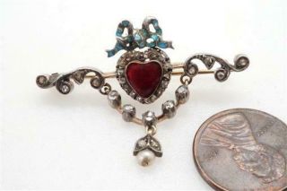 Pretty Antique 15k Gold Silver Rose Cut Diamond Red Enamel Heart Brooch C1900