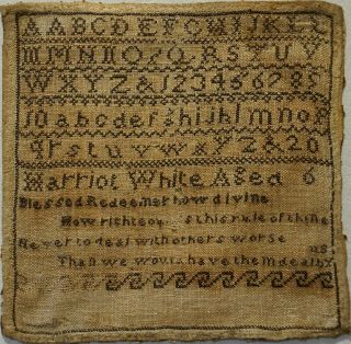 Small Early 19th Century Brown Stitch Work Sampler By Harriot White Age 6 C.  1825