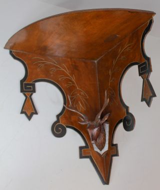 Antique Victorian Walnut Carved Corner Shelf With Carved Elk