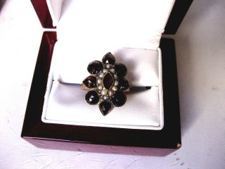 Antique Victorian 10k/14k 2 - Tone Rose Gold Ring:bohemian Garnets & Seeds Pearl