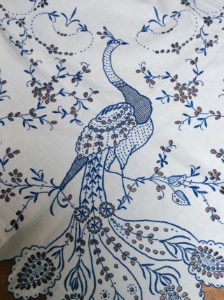 Vintage/old Madeira Tablecloth Blue Hand Embroidered Birds & Cut Work Linen