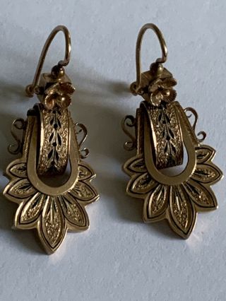 Fine Victorian 14ct Rose Gold & Black Enamel Pendant Drop Earrings - Circa 1890