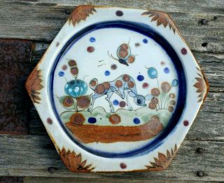Ken Edwards Tonala Mexico Pottery Shallow Bowl Plate Deer Fawn Butterfly Signed