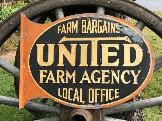 Rare Early United Farm Agency Local Office 2 Sided Flange Sign Agriculture