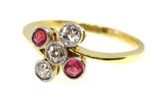18ct Yellow Gold Art Deco Ruby And Diamond Ring Size N Vintage 1930s