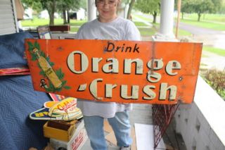 Large Vintage 1930s Orange Crush Crushy Soda Pop Gas Oil 39 " Embossed Metal Sign