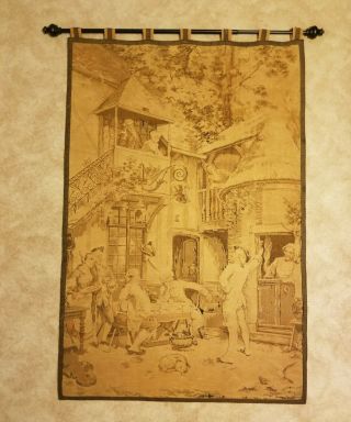 Large Vintage Wall Hanging Woven Tapestry Colonial Scene 58” X 37” W/ Dowel Rod