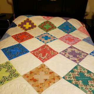 Vintage Handmade Quilt Patchwork Square Signatures Multi Color Blanket 110 " X 93 "