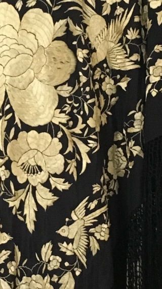 Floral Antique Black Silk Embroidered Piano Shawl Manton de Manila 2