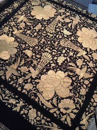 Floral Antique Black Silk Embroidered Piano Shawl Manton de Manila 3