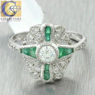 Vintage Estate Art Deco Style 18k Solid White Gold 1.  97ctw Diamond Emerald Ring