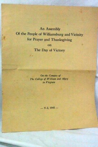 College Of William And Mary 1945 Assembly Program For Vj - Day