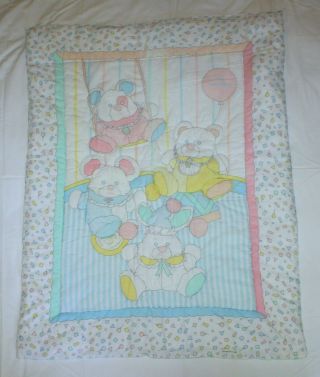 1987 Baby Puffalumps Pastel Quilt Crib Blanket 33 " X 43 " Swing Balloons Umbrella