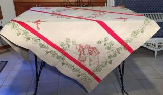 Vintage French Linen Tablecloth - Embroidery - Red Stripes - Alsace 58”x 56” Summer