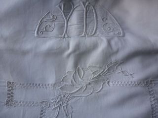 Antique French Fine Linen Sheet Hand Embroidered Monogram Yd