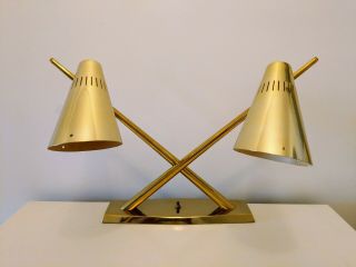 Mid Century Modern Rare Laurel Brass Double Table Desk Atomic Lamp Twin Cone