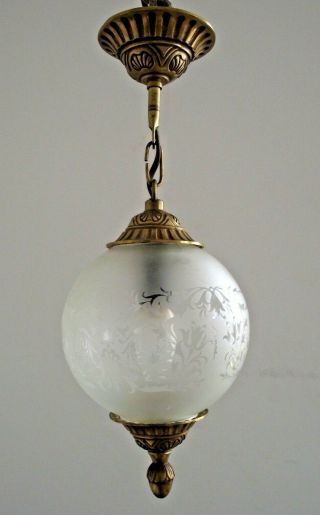 Vintage French Cast Brass And Opaque Etched Glass Ceiling Light 1527