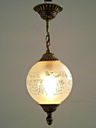 Vintage French Cast Brass And Opaque Etched Glass Ceiling light 1527 2