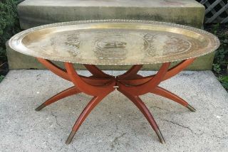 Mid Century Oval Hand Chased Brass Tray Coffee Table Spider Leg Base Bear Eagle