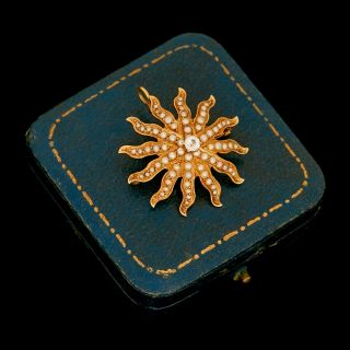 Antique Vintage Art Nouveau 14k Gold Seed Pearl White Sapphire Starburst Pendant