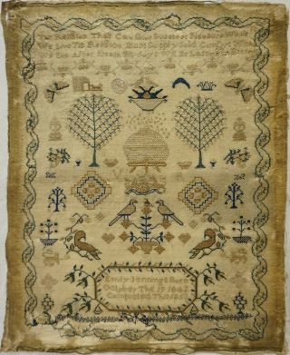 Mid 19th Century Beehive,  Motif & Verse Sampler By Emily Jennings Age 11 - 1853