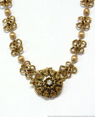 Fine Diamond Black Enamel 14k Gold Necklace 1940s Fancy Handmade Chain 39.  8gr