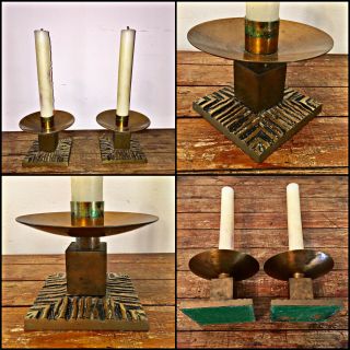 Vintage Arts & Crafts Pair Solid Brass Candle Holders From Church Altar Heavy
