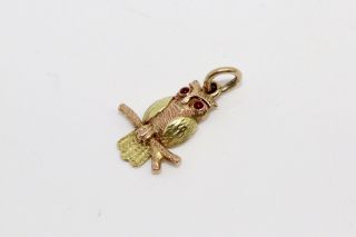 A Cute Antique Victorian Edwardian 9ct Gold Owl Charm Pendant With Ruby Eyes