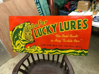 " Lucky Lures " Large,  Heavy Porcelain Sign (36 " X 18 "),