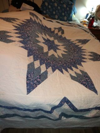 Vintage Hand Crafted White & Blue Lone Star Patchwork Cotton Quilt - 80 " X 80 "