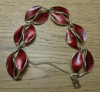 Vintage David Andersen Sterling Silver Red Enamel Double Leaf Bracelet norwegian 2